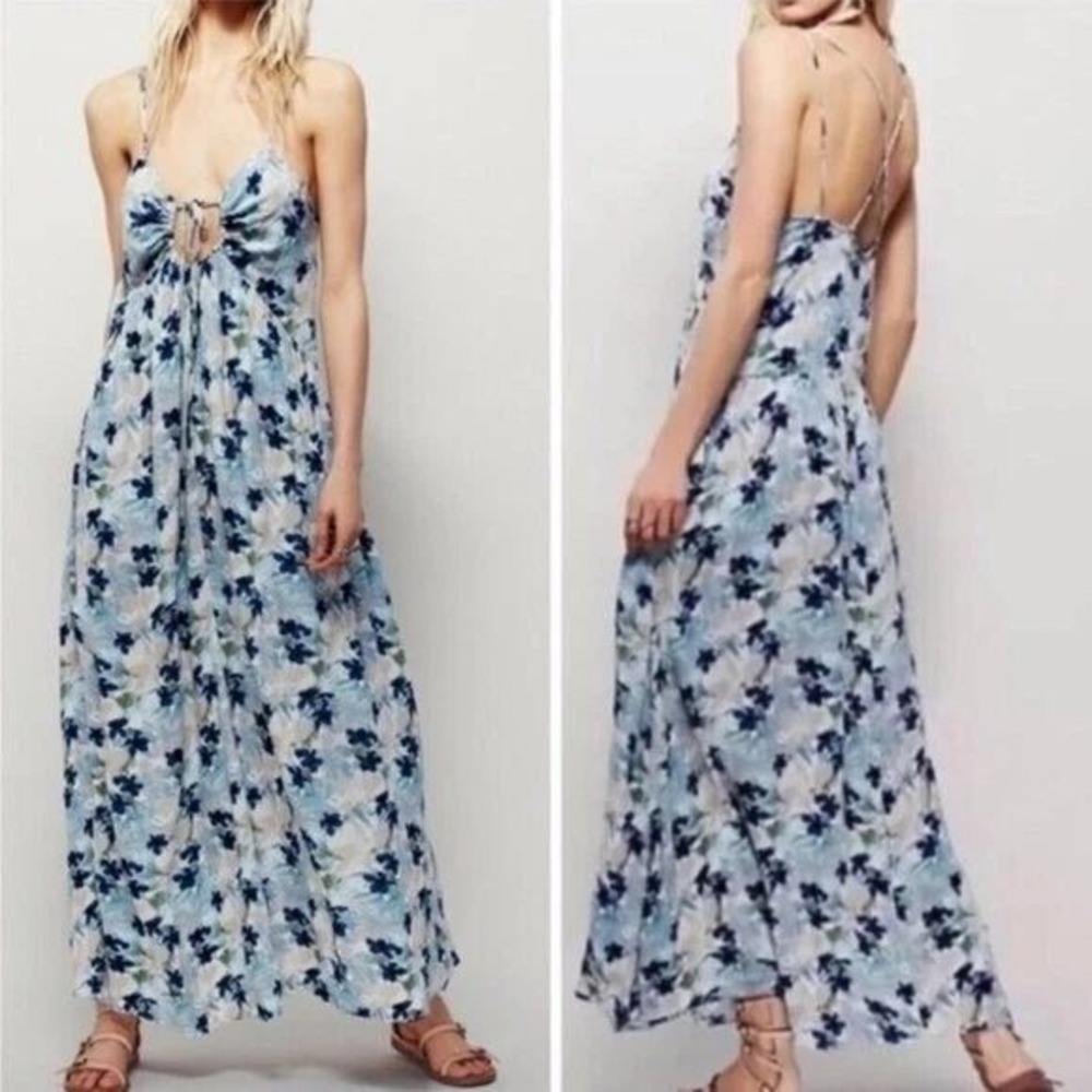 Free People Floral Maxi Dress Womens XS Blue Boho Strappy Summer Sun Dress